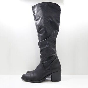 Venus Black Faux-Leather 3" Block Heel Slouchy Knee-High Back Zip Boots - 9